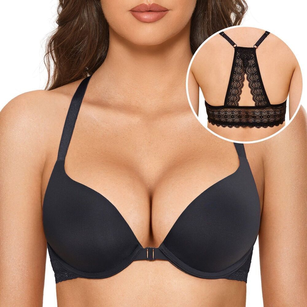 NWT Dobreva Bra sz 38D Black Racerback Lace Supportive Plunge Front Clasp Women